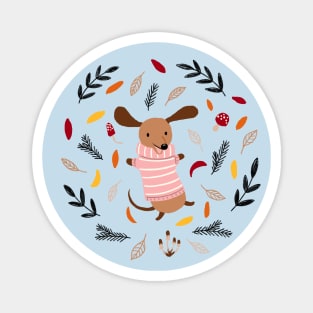 Cute Dachshund in Winter Sweater in Autumn Leaves Magnet